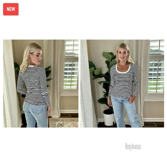 Long Sleeve Rib Knit Scoop Neck Tee Slim Fit Basic Top - Picture 7 of 8